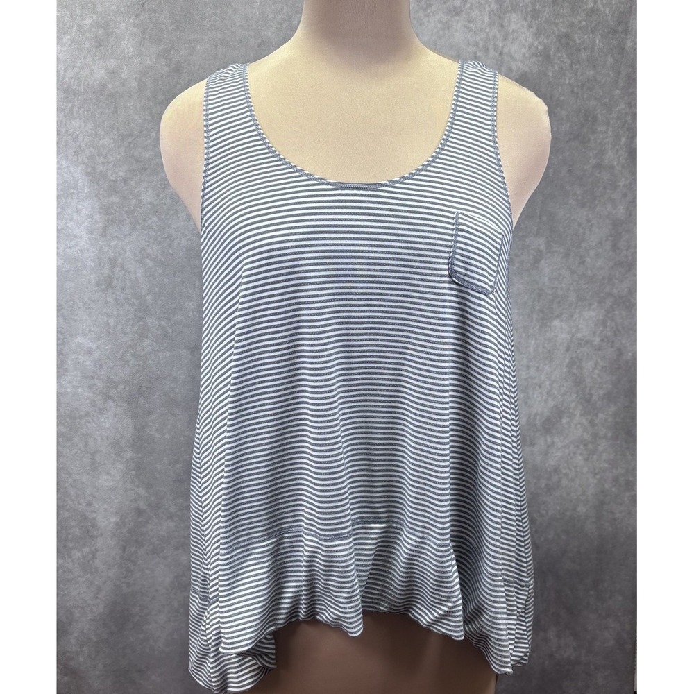 Max Studio Womens Top Med Gray/White Striped Tank Flowy Scoop Neck Rayon Stretch
